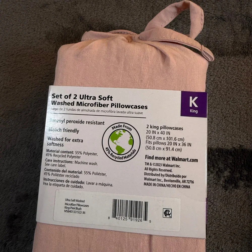 Mainstays King Set‎ of 2 Ultra Soft Washed Microfiber Pillowcases Pink new